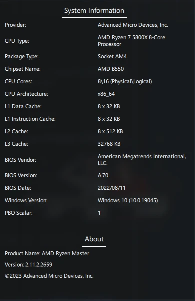 AMD Ryzen Master ユーティリティのバージョン確認した画面 バージョン部分を拡大した画像 2.11.2.2659