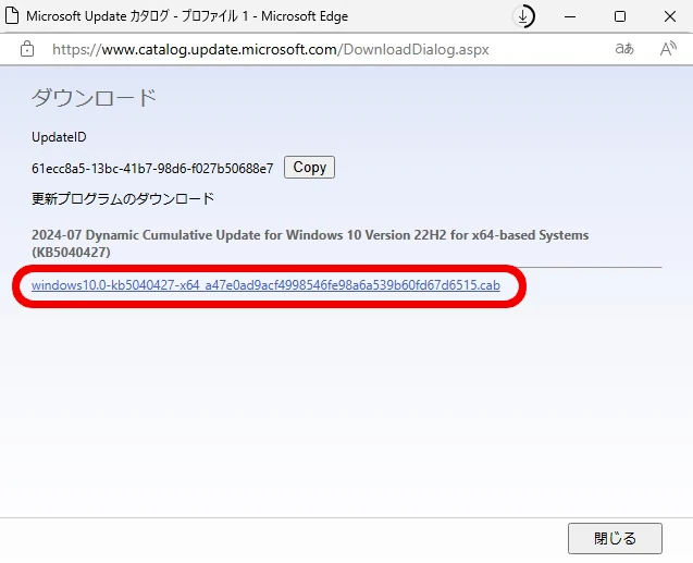 Windows Update カタログの一覧よりダウンロードボタンクリック後に表示されるポップアップウィンドウ。
ウィンドウ内にハイパーリンクが表示されており、クリックするとダウンロードが開始される。
